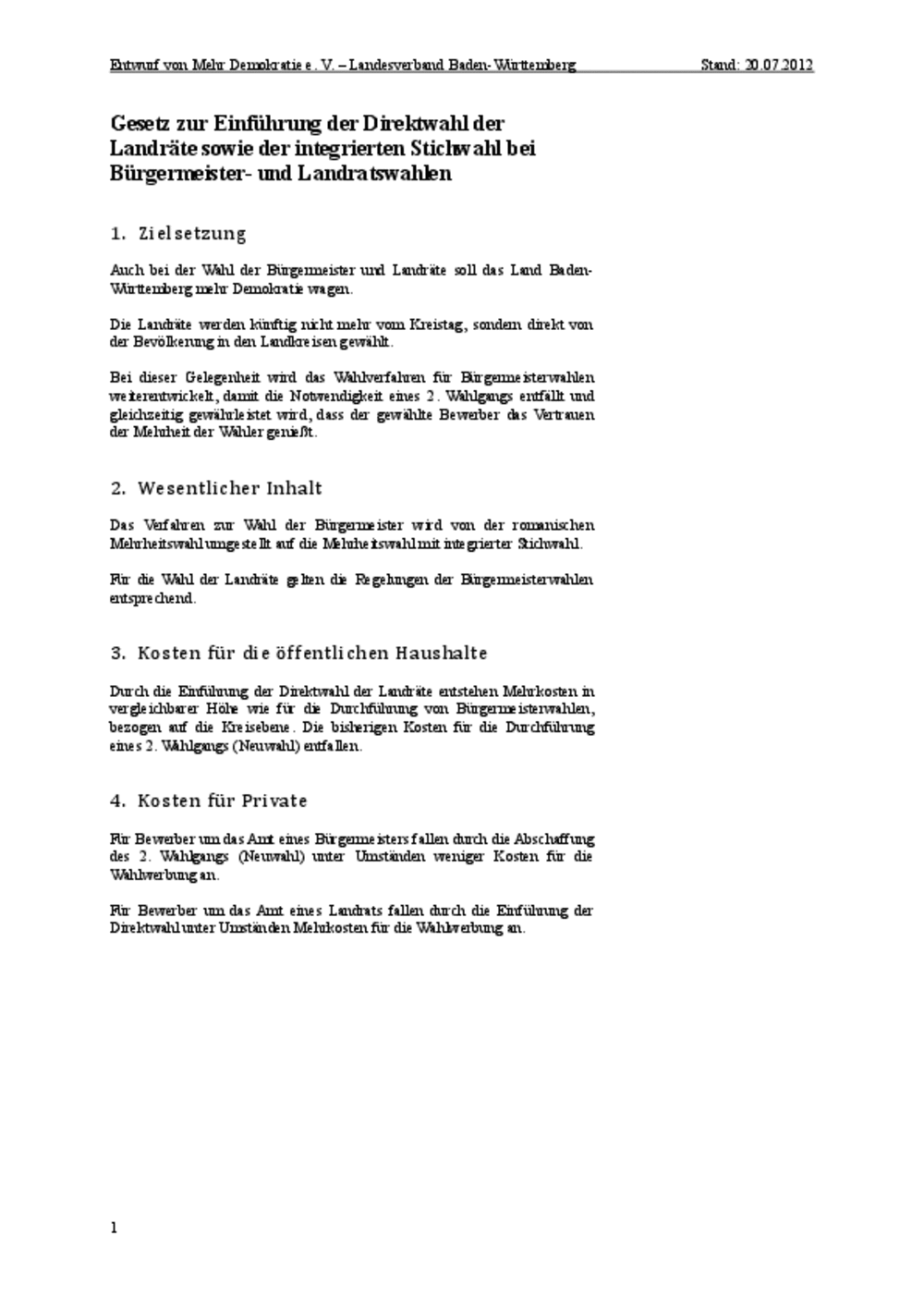 2012-10-01 Gesetzentwurf Direktwahl Landräte mit Integrierter Stichwahl