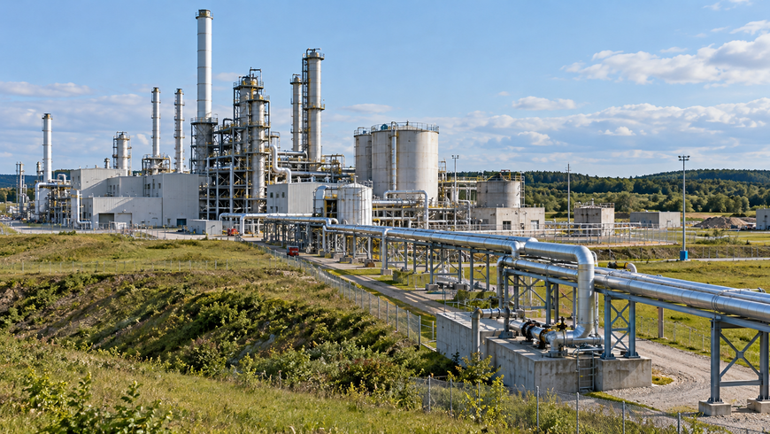 Eine weitläufige Industrieanlage mit hohen silberfarbenen Türmen, großen Tanks und zahlreichen Rohrleitungen unter blauem, leicht bewölktem Himmel. Im Vordergrund verlaufen mehrere metallene Leitungen auf Stützen über ein Betriebsgelände mit Grasflächen, Schotterwegen und Zäunen zur Anlage hin. Im Hintergrund erstreckt sich ein bewaldeter Höhenzug. Menschen sind nicht zu sehen. Das künstlich erzeugte Bild veranschaulicht eine Industrieanlage zur Abscheidung und zum Transport von Kohlendioxid (CO₂).